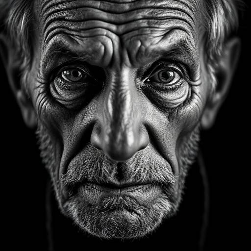 A black and white portrait of an elderly man, capturing the wisdom and character in his face.