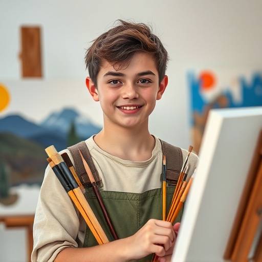 A creative portrait of a young artist surrounded by paintbrushes and canvases in their studio.