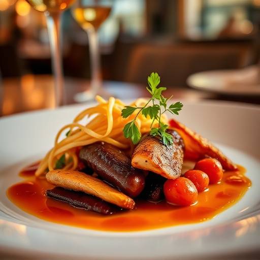A food photography shot of a beautifully plated dish at a high-end restaurant, showcasing its vibrant colors and textures.