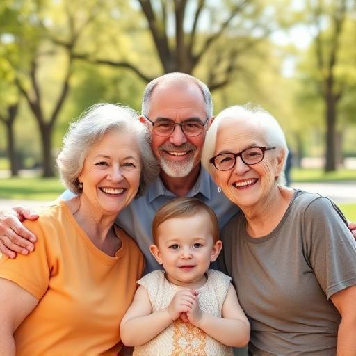 A formal family portrait in a park setting, capturing three generations smiling warmly at the camera.