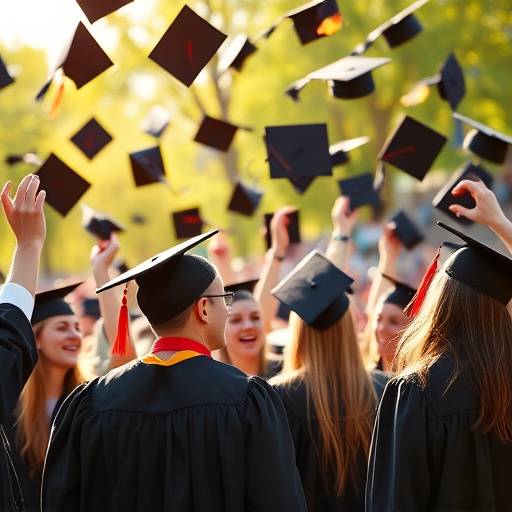 A photograph capturing the excitement of a graduation ceremony with students throwing their caps in the air.