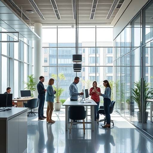 A photograph showcasing the interior of a modern office space with employees collaborating.