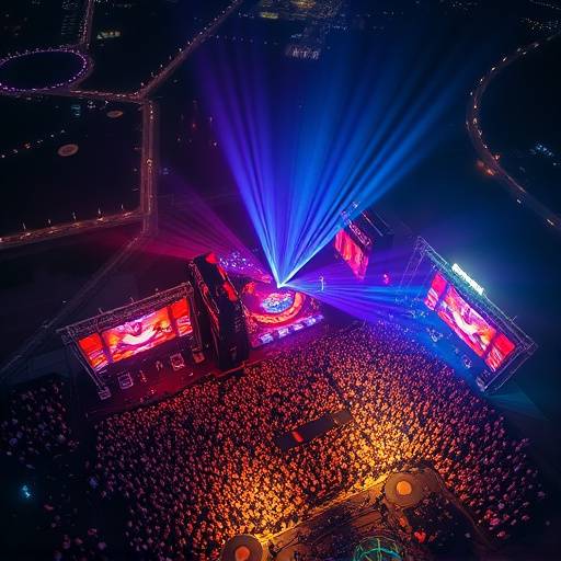 Aerial view of a music festival at night with vibrant stage lighting