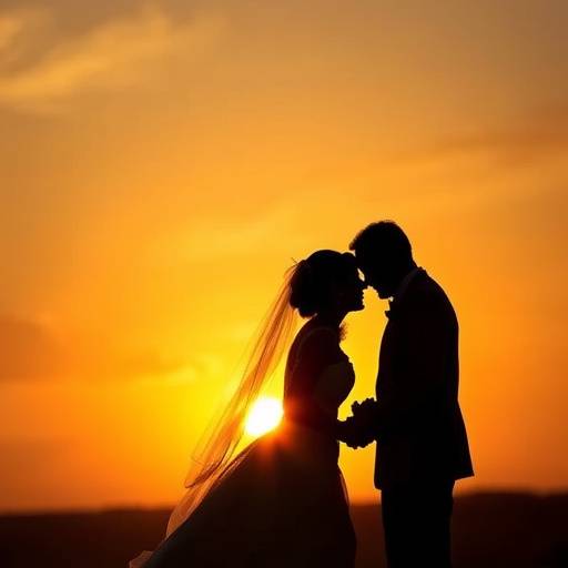 Bride and groom silhouetted against a sunset during their wedding photoshoot.