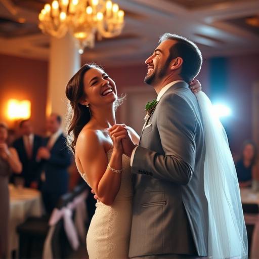 Candid moment of the bride and groom laughing during their first dance at their wedding reception.