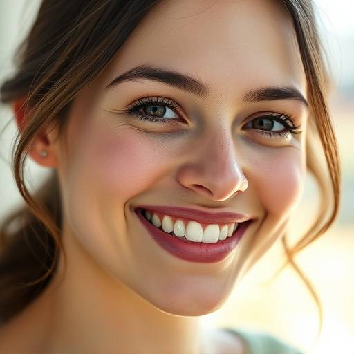 Close-up portrait of a young woman with bright, natural lighting, showcasing her radiant smile.