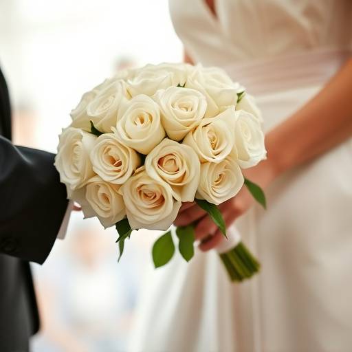 Detailed shot of the bride's hand holding her bouquet of white roses during the wedding ceremony.