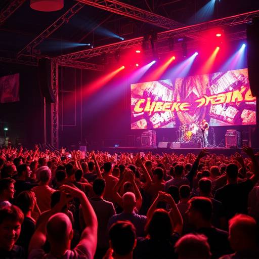 High-energy photograph of a music festival, capturing the band on stage and the ecstatic crowd.