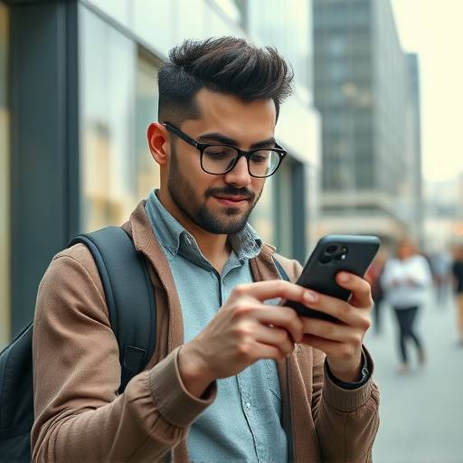 Lifestyle shot of a model using a new smartphone in a modern, urban environment.