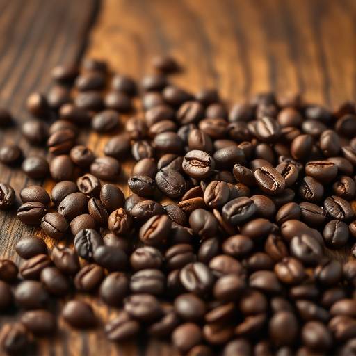 Product shot of artisanal coffee beans arranged artistically on a wooden surface with warm lighting.