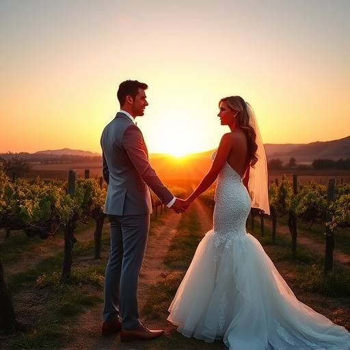 Romantic photograph of the bride and groom walking hand-in-hand through a vineyard at sunset.