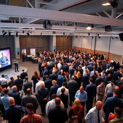 Wide shot of a bustling corporate event, capturing speakers on stage and attendees networking.